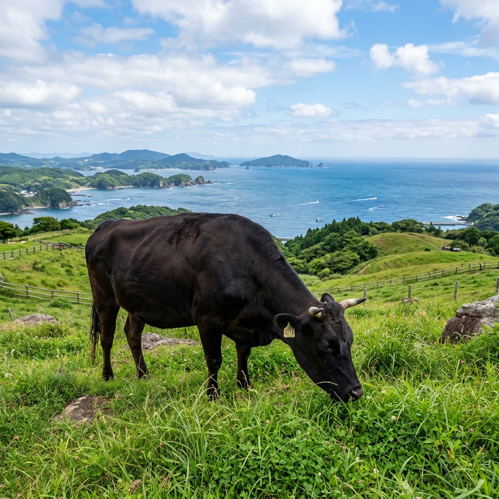 A Healthy Amakusa Kuroushi Cow Grazing by the Beautiful Blue Ocean