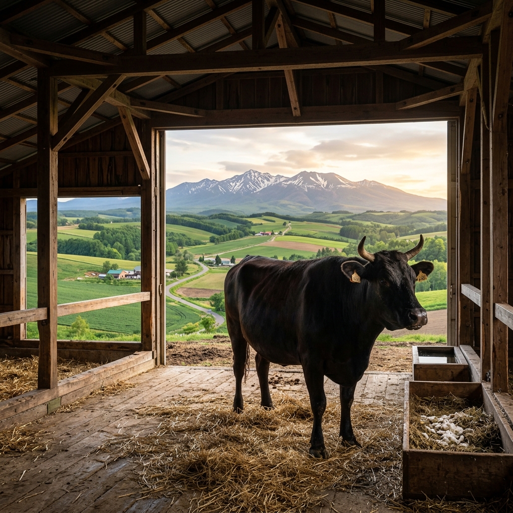 A Pristine Biei Wagyu Cow Resting in a Clean Hokkaido Barn