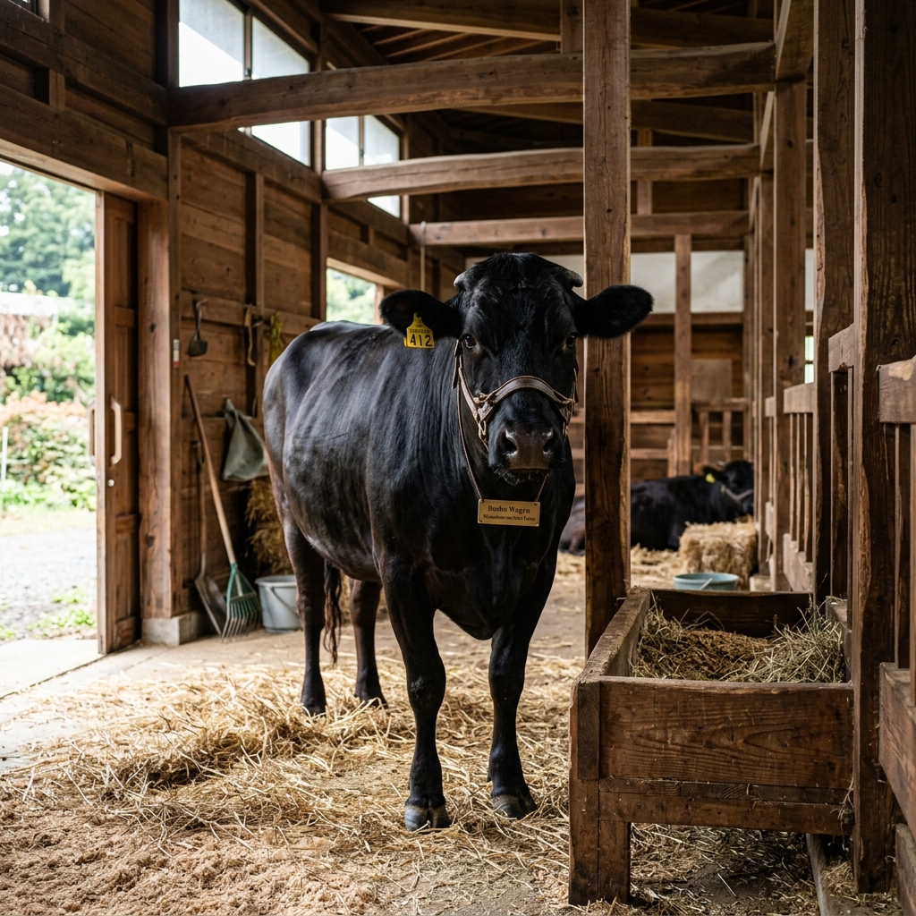 A Calm Bushu Wagyu Cow Standing in a Pristine Saitama Barn