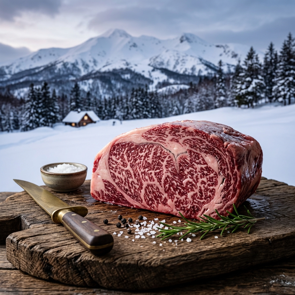 An Exquisite, Snowflake-Marbled Cut of Furano Wagyu