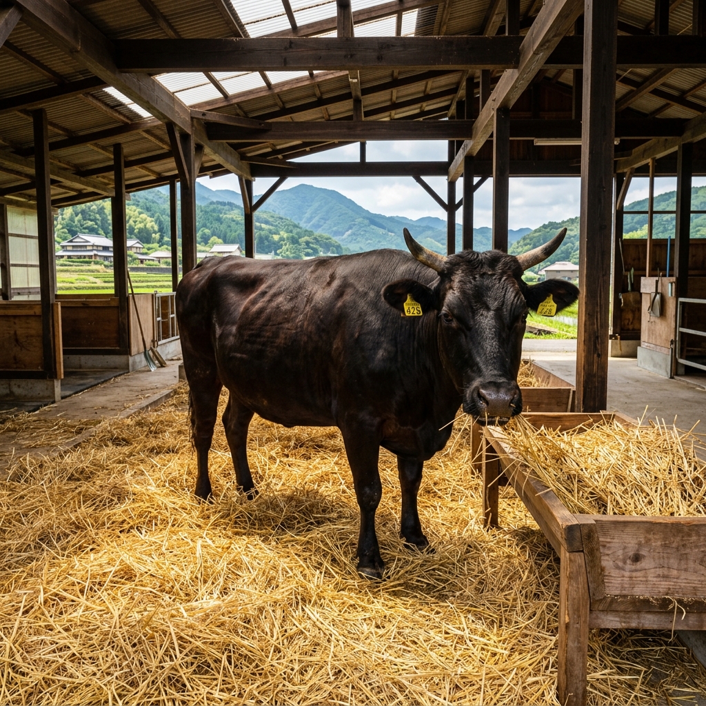 A Hakata Wagyu Cow in a Barn Filled with Fukuoka Rice Straw