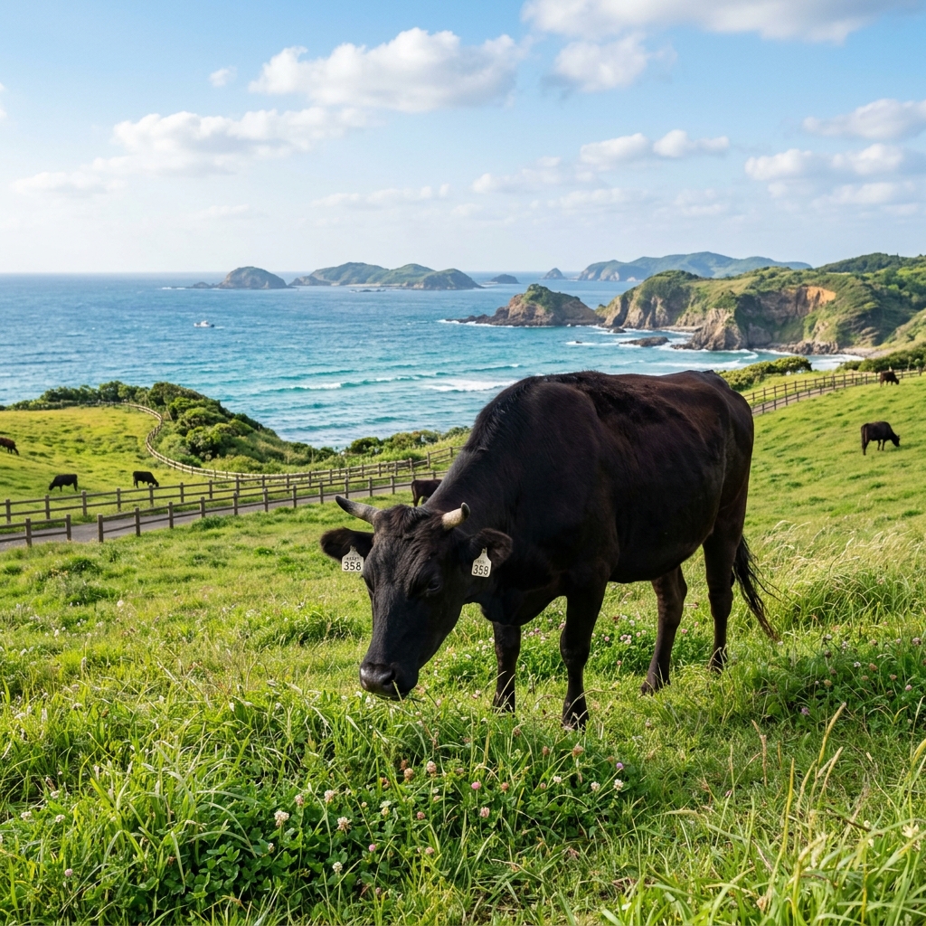 A Serene Iki Beef Cow Thriving on the Sacred Island