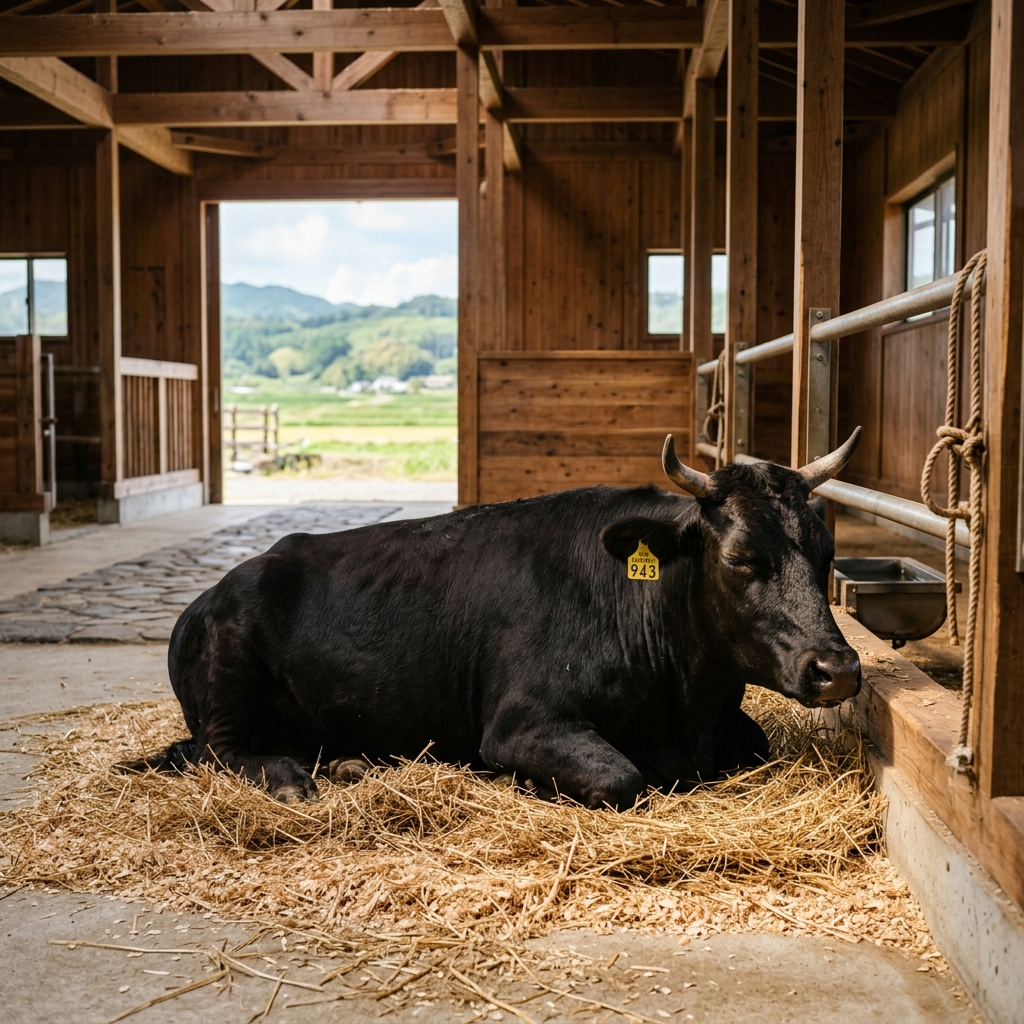 An Imari Beef Cow Resting in a Pristine, Serene Barn