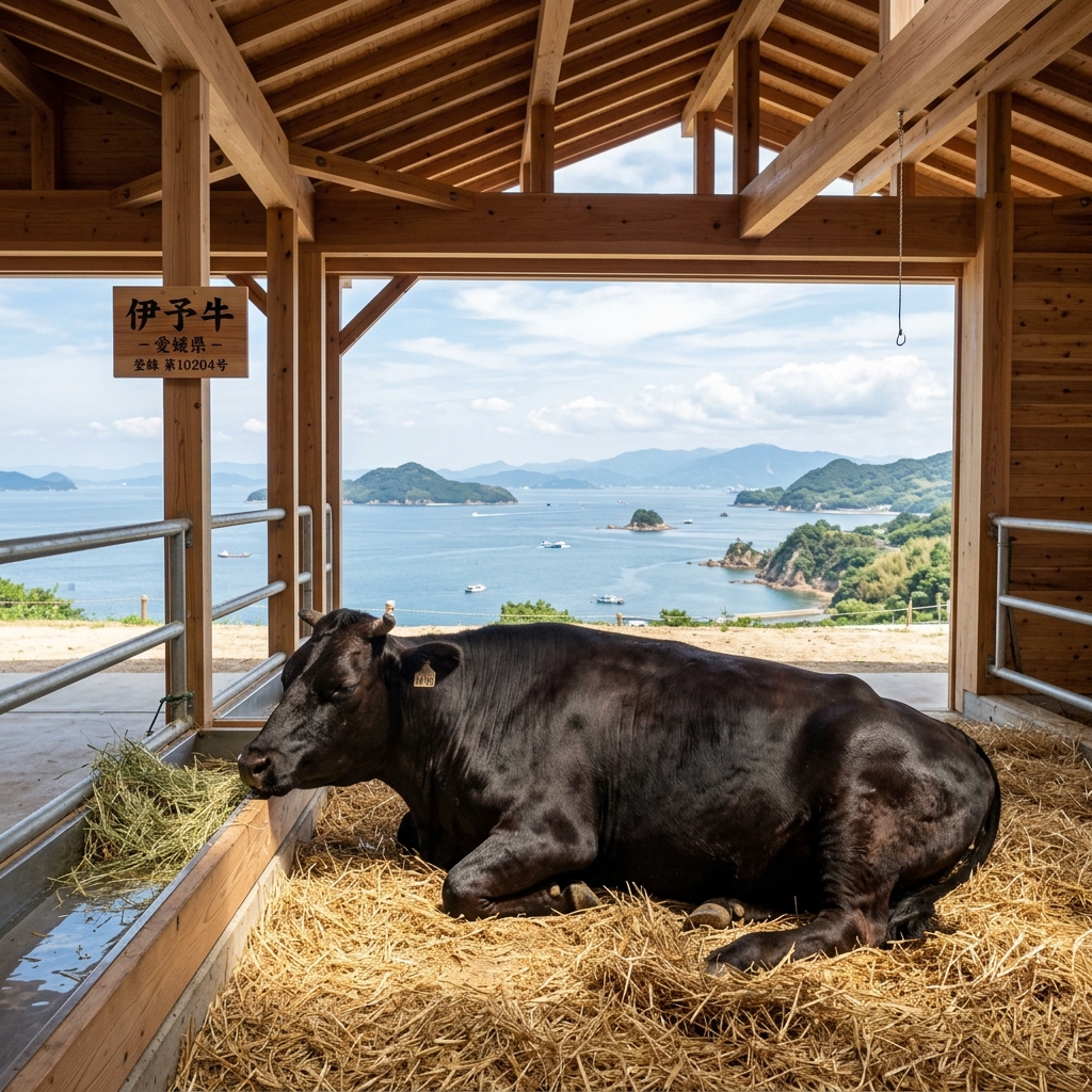 A Relaxed Iyo Beef Cow Resting in a Mild Ehime Barn