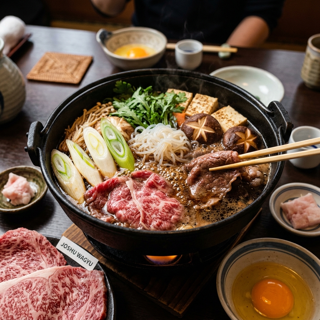 Joshu Wagyu Simmering in a Traditional Sukiyaki Pot