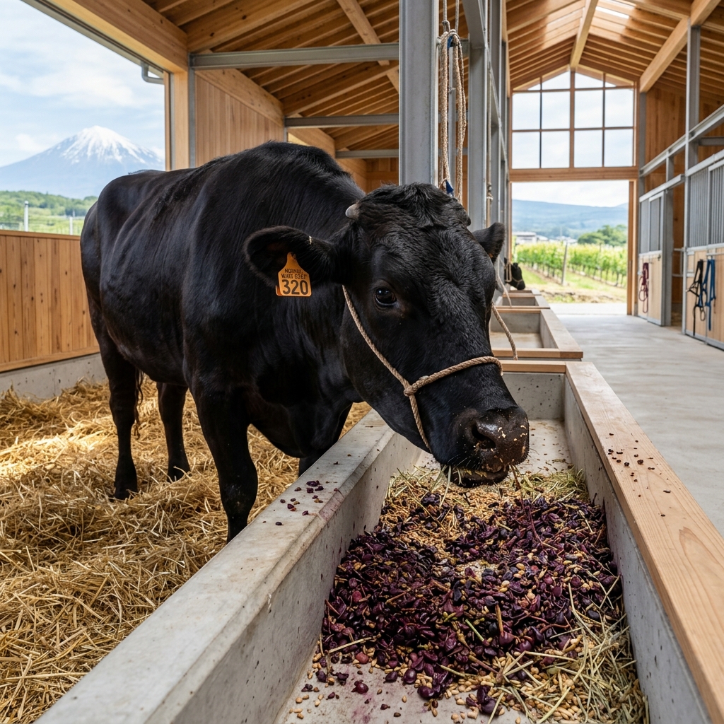 A Koshu Wine Beef Cow Eating Wine Pomace