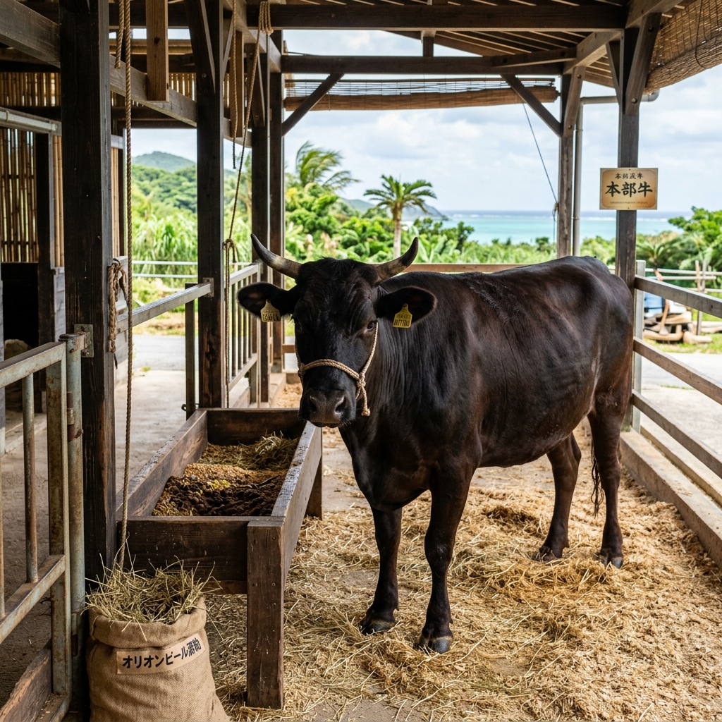 A Healthy, Relaxed Motobu Beef Cow in a Tropical Barn
