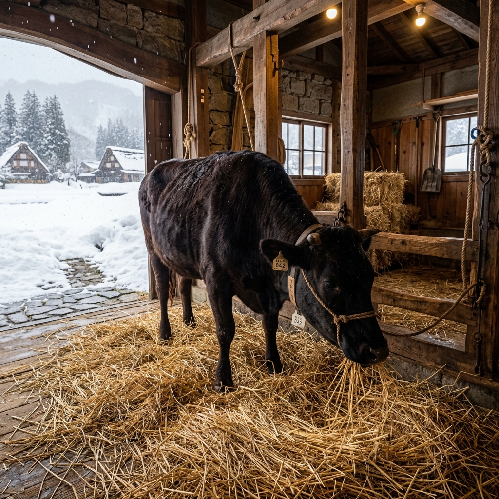 A Murakami Beef Cow Eating Koshihikari Rice Straw