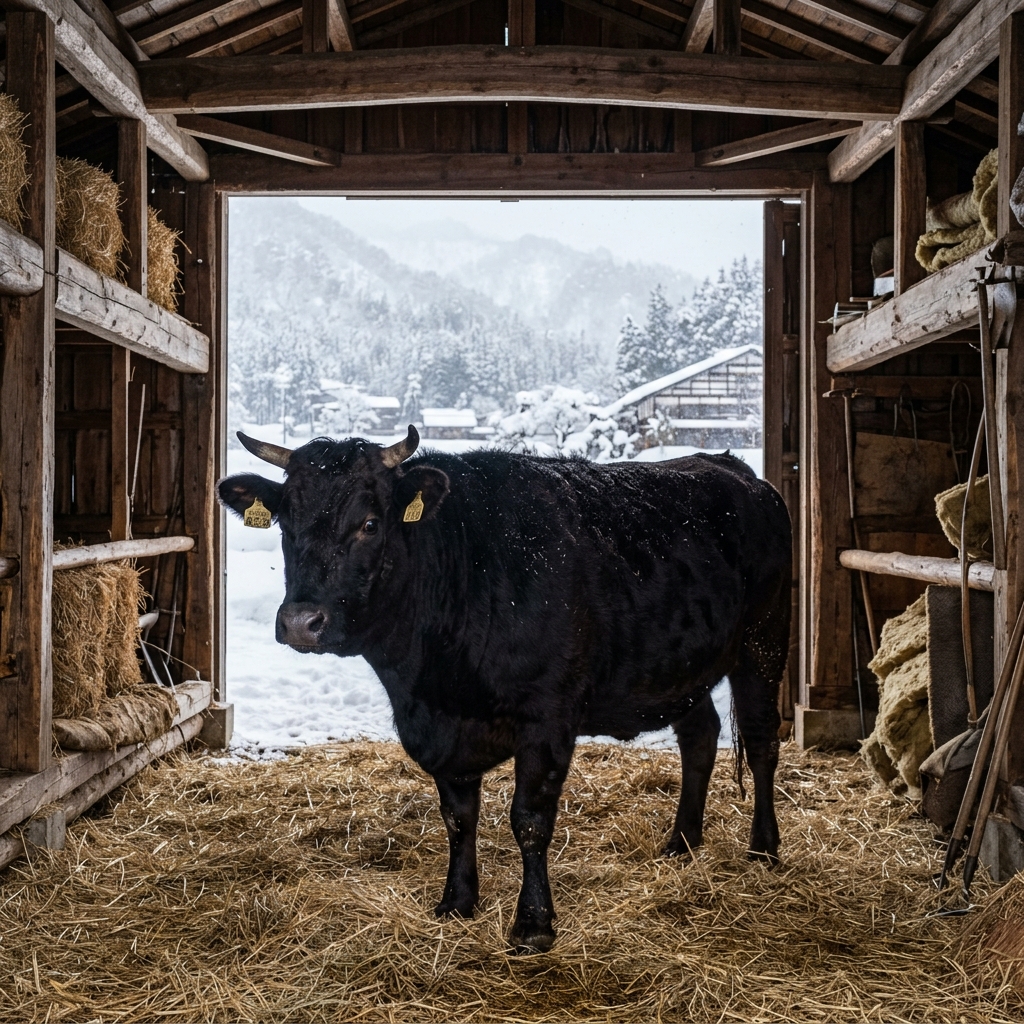 A Robust Obanazawa Snow Beef Cow Sheltered in a Winter Barn