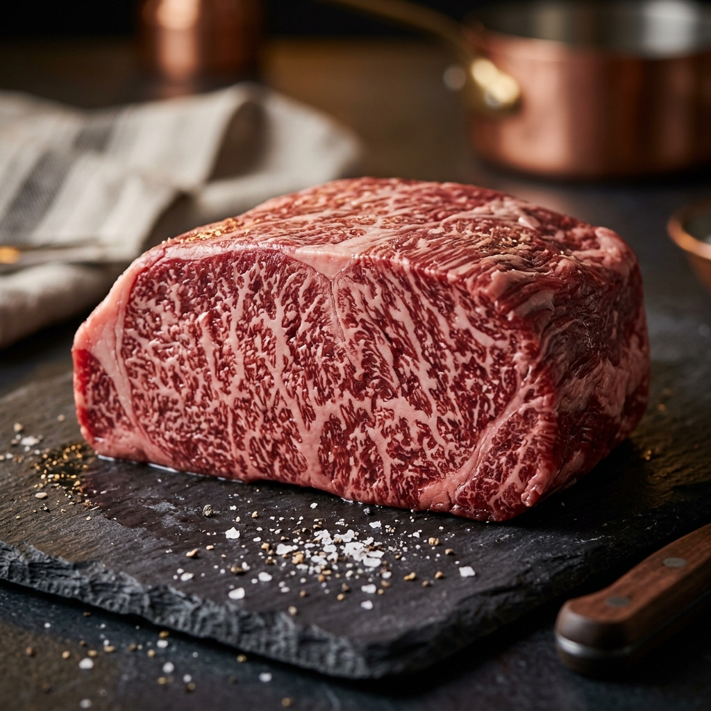 A Deeply Marbled, Pure Tajima Cut of Sanda Beef