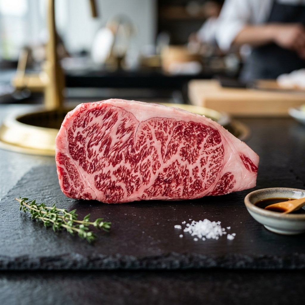 An Incredibly Clean, Golden-Hued Marbled Cut of Sanuki Wagyu