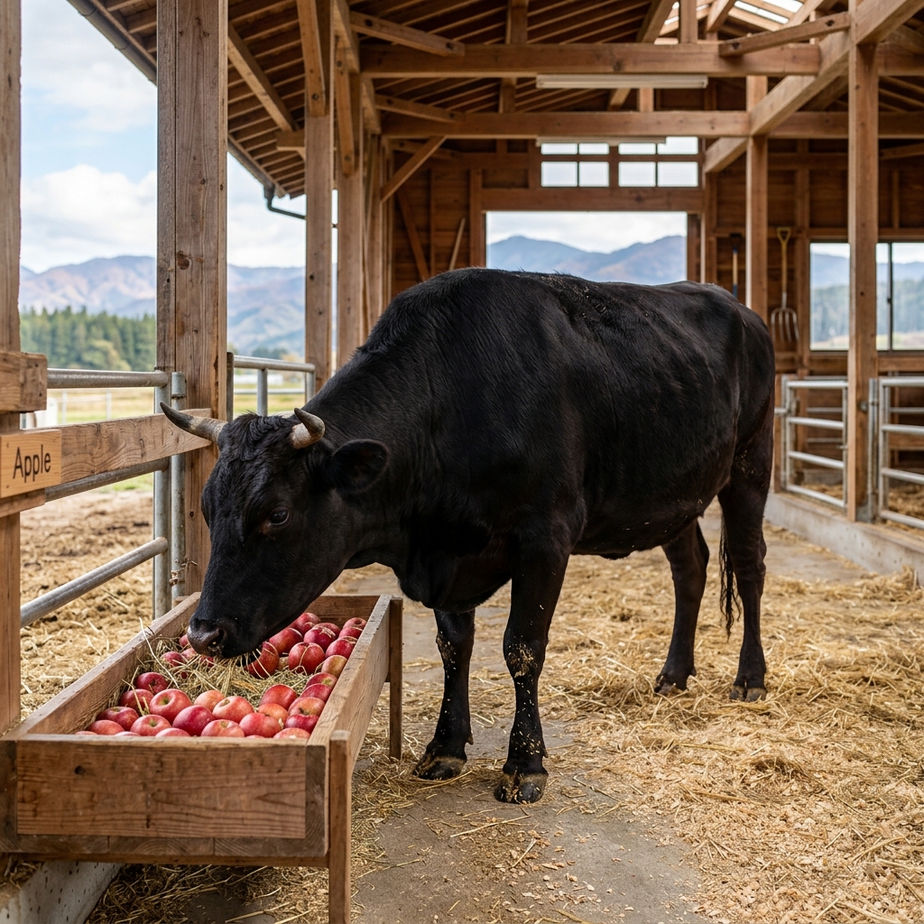 A Healthy Shinshu Apple Wagyu Cow Enjoying Local Nagano Apples