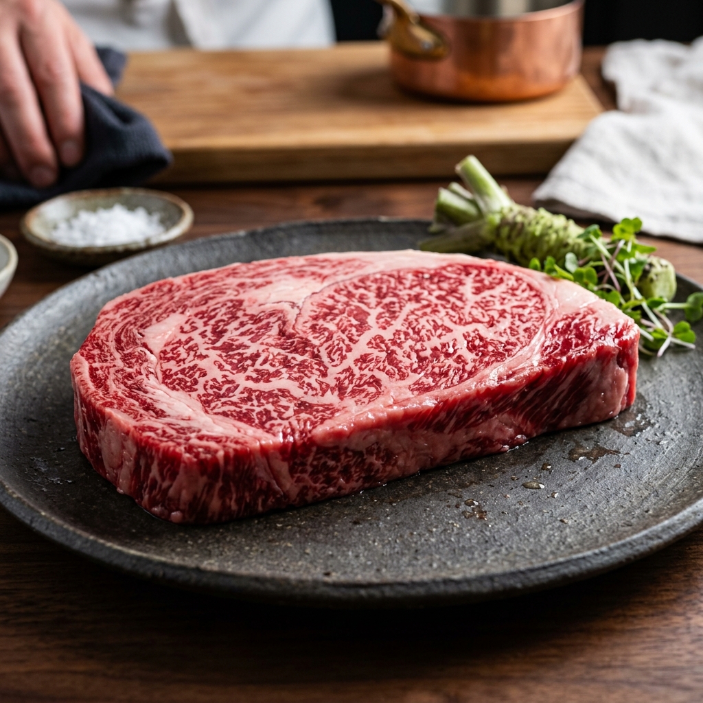 A Finely Marbled, Deep Ruby Wakasa Wagyu Steak