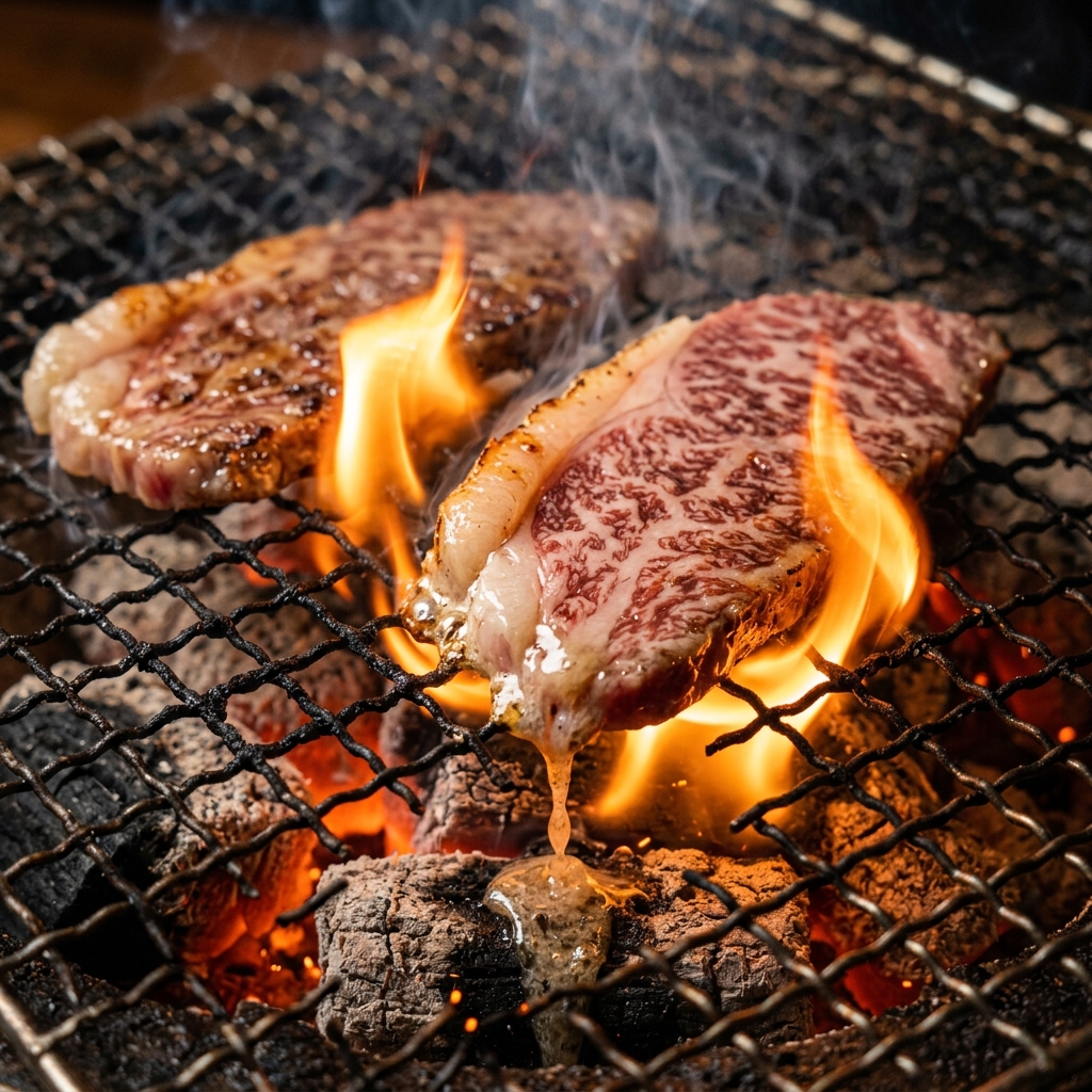 A Thin Slice of Ichibo Grilling Over Hot Coals