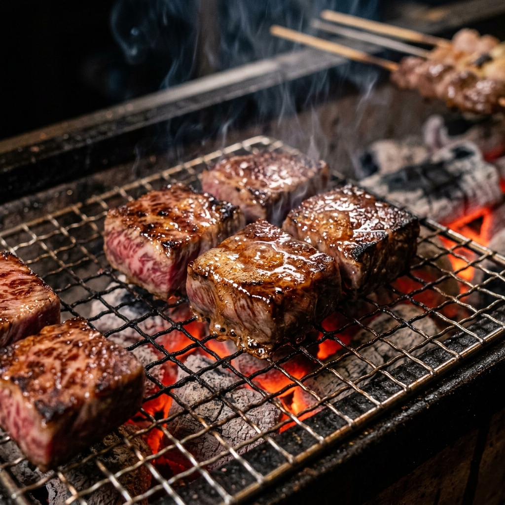 Thick Cubes of Kainomi Grilling Slowly Over Binchotan