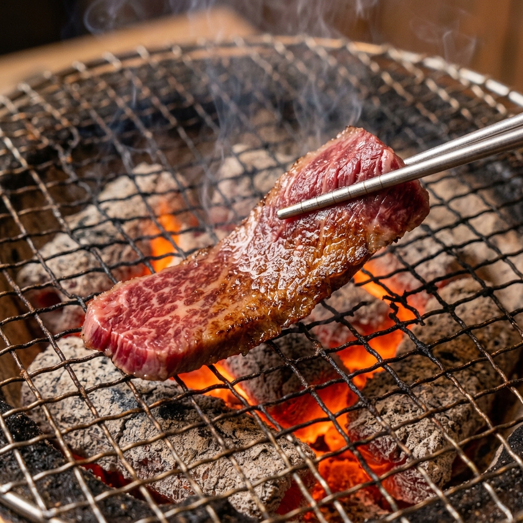 Thinly Sliced Kurimi Flash-Searing Over Coals