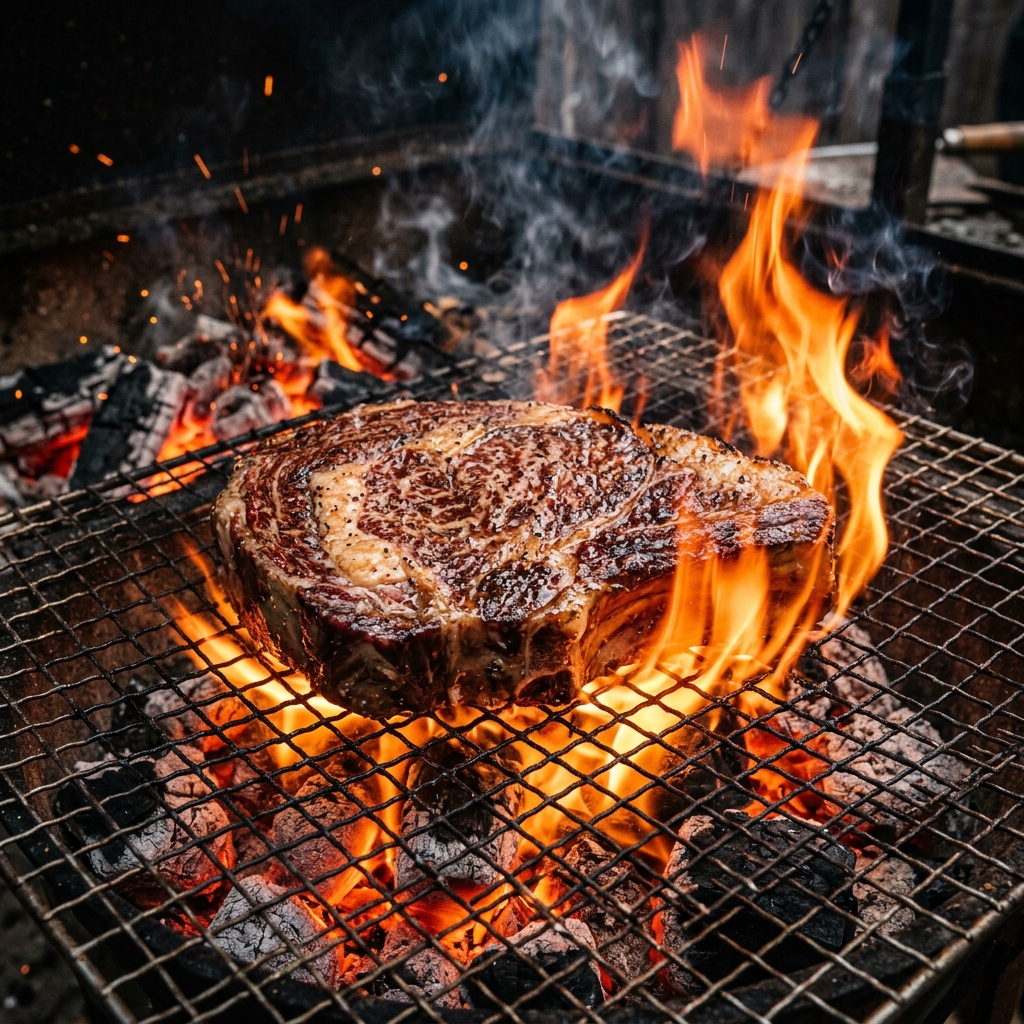 A Thick Wagyu Ribeye Creating Massive Flames on the Grill