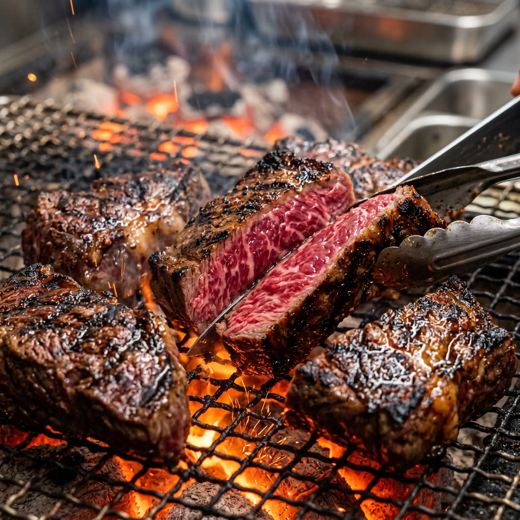 Thick, Juicy Blocks of Wagyu Sagari Grilling over Coals