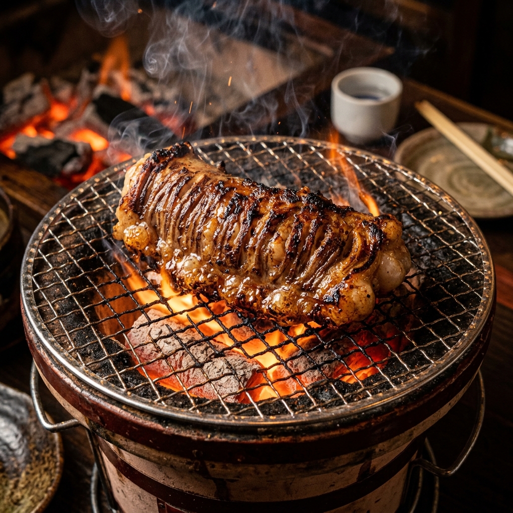 Sizzling Shimochou Grilling over High Heat Charcoal with Curling Ridges