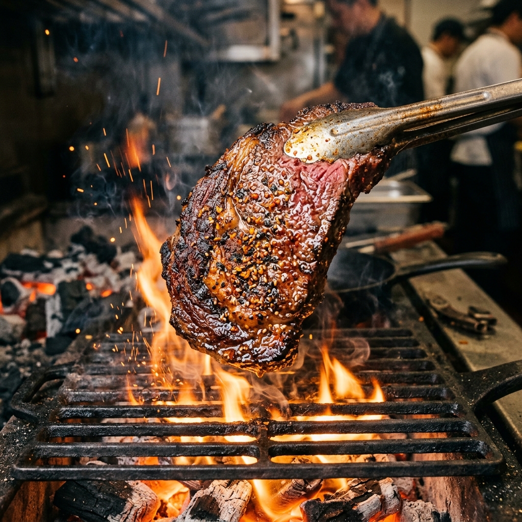 Perfect, Caramelized Togarashi Grilled over Charcoal capturing its juicy, shimmering surface
