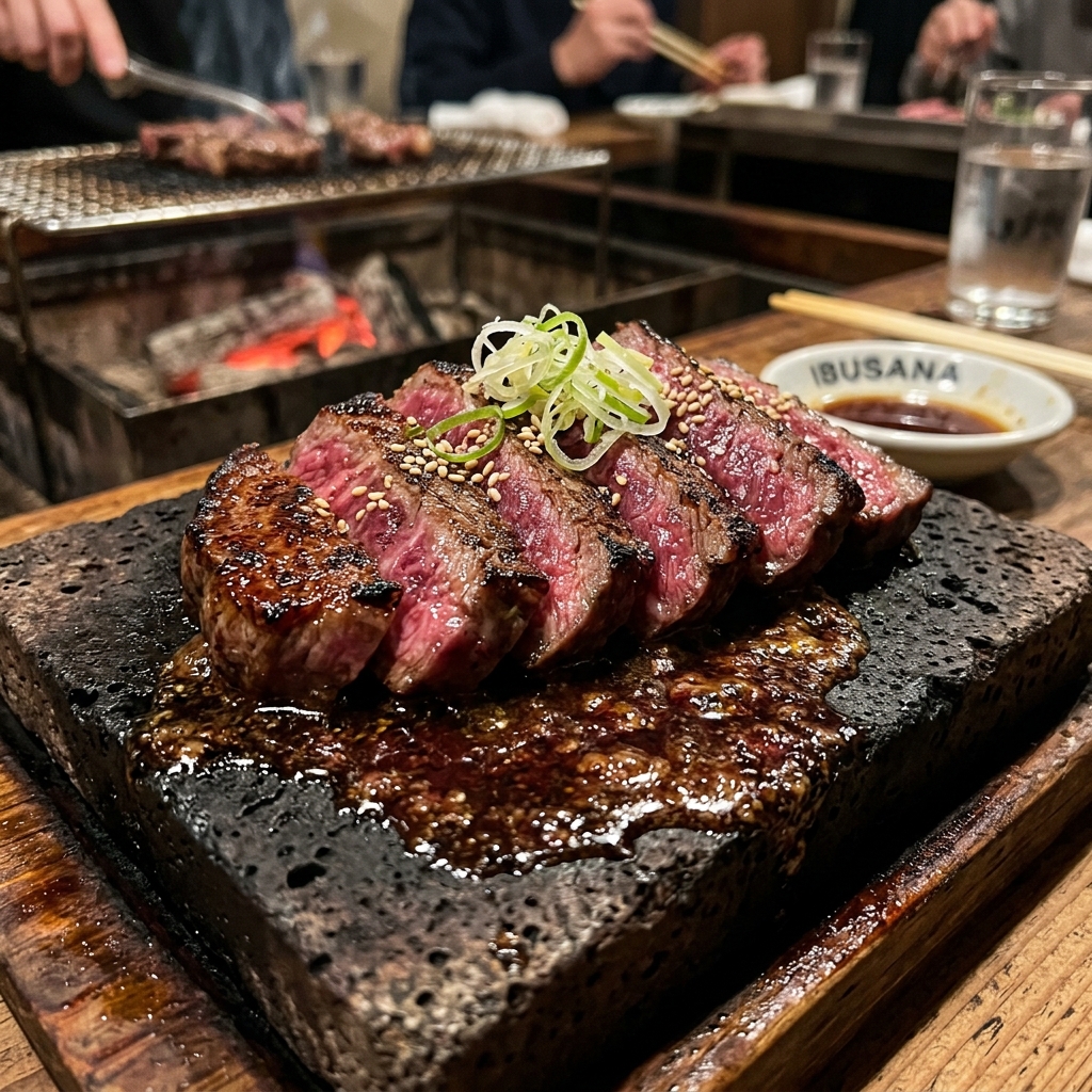Wood-Fired Togarashi sliced and served over a hot coal slab at Yakiniku Ibusana Tokyo