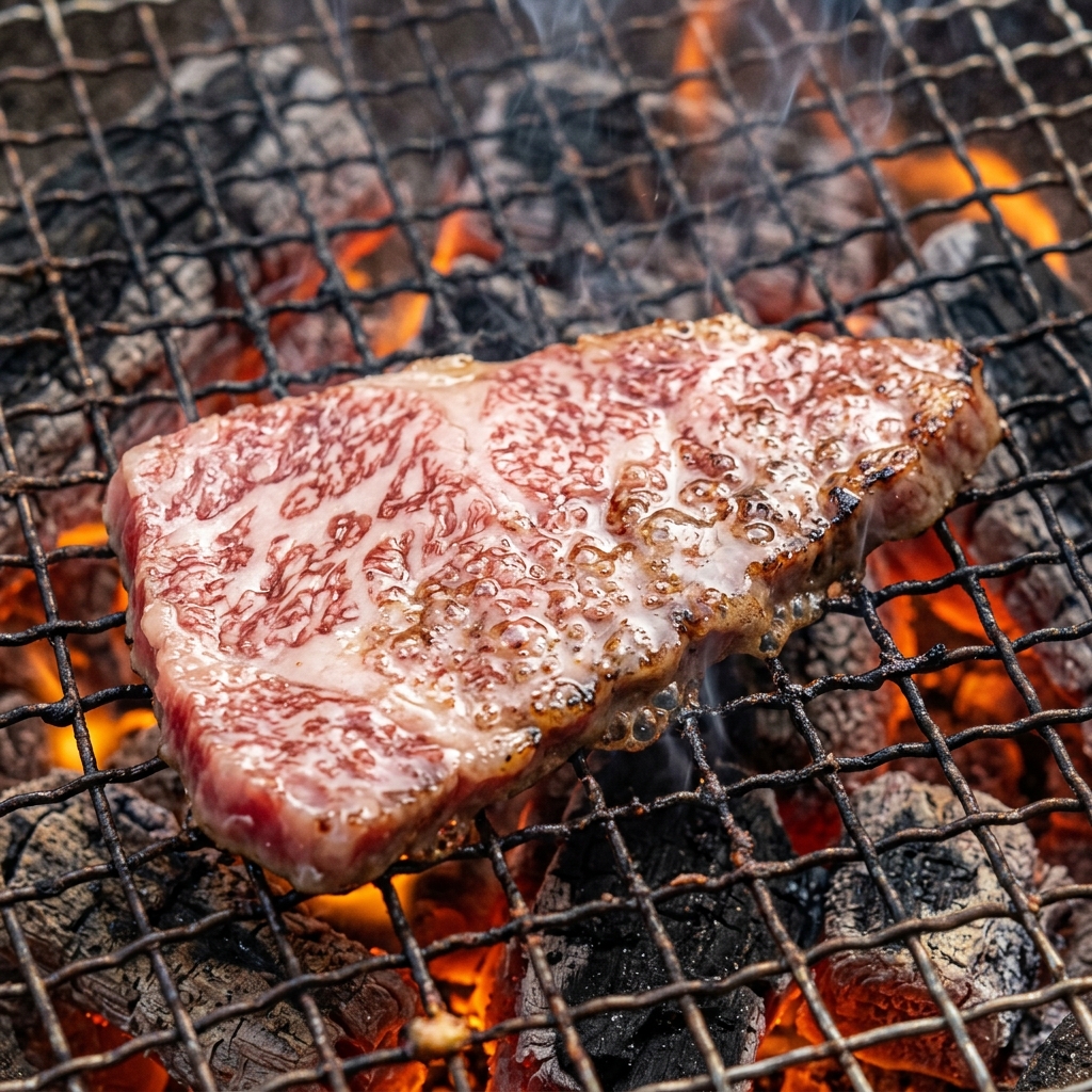 Thinly Sliced Tomo-Sankaku Grilling Rapidly over Hot Coals
