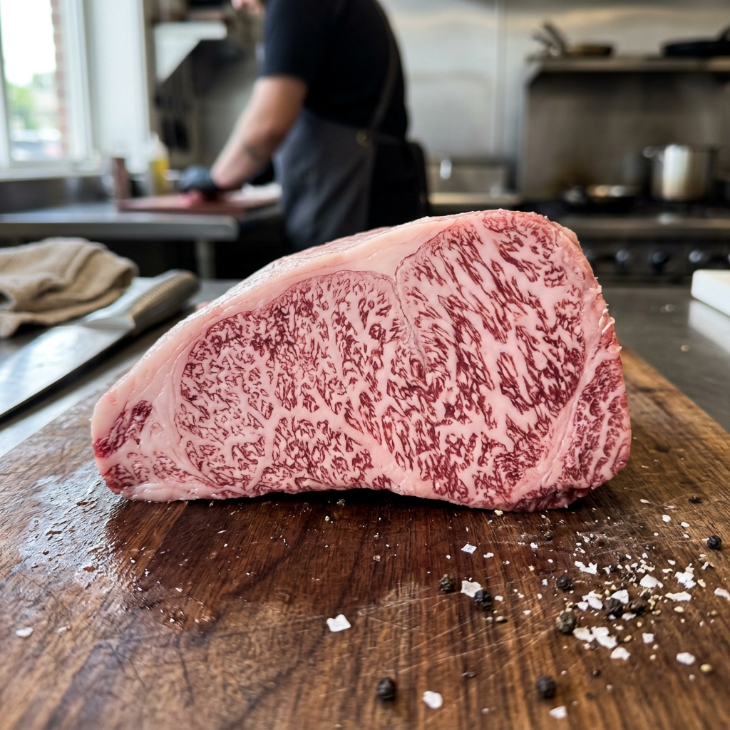 A Heavily Marbled, Triangular Cut of Tomo-Sankaku