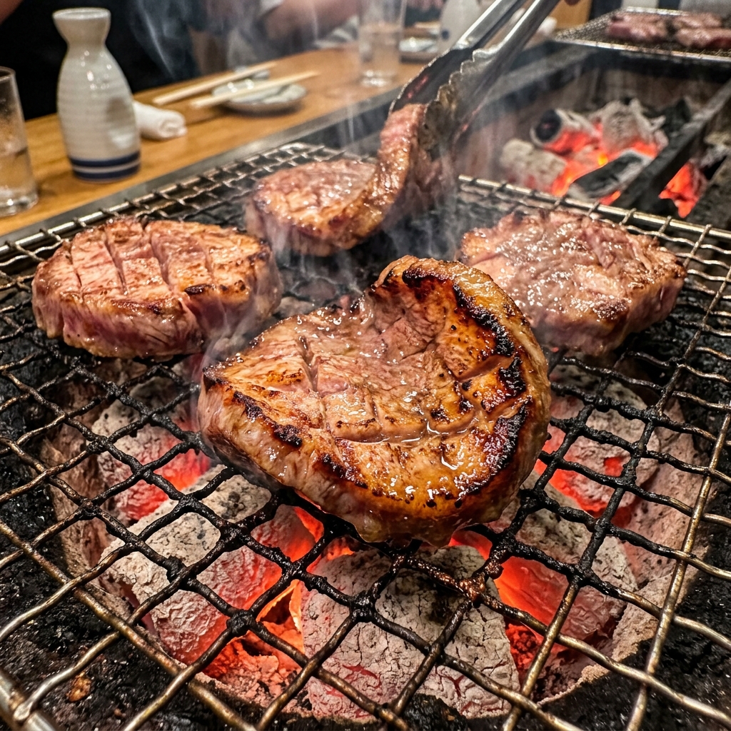 Thick Wagyu Tongue Grilling over Charcoal