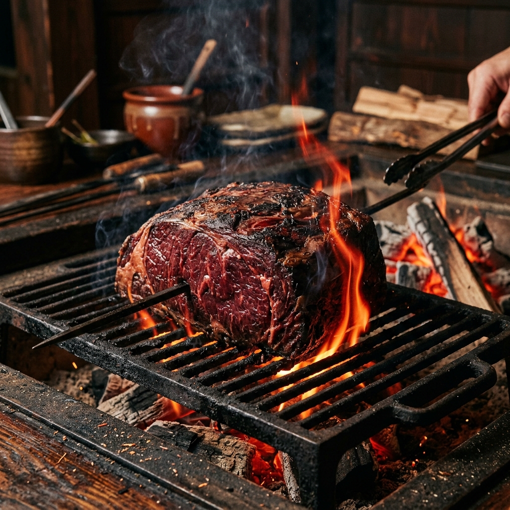 The Profound, Dark Red Meat of Ibusana Roasting Over an Open Fire