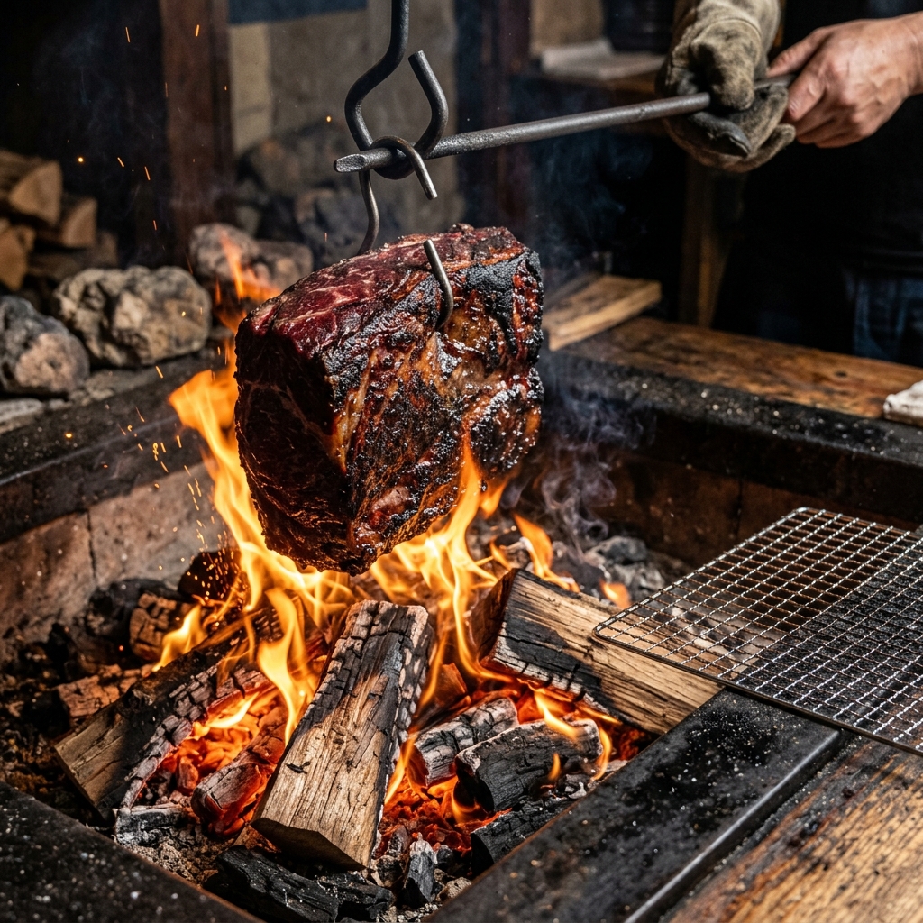 Roasting Dense Red Meat Over a Violent Open Wood Fire