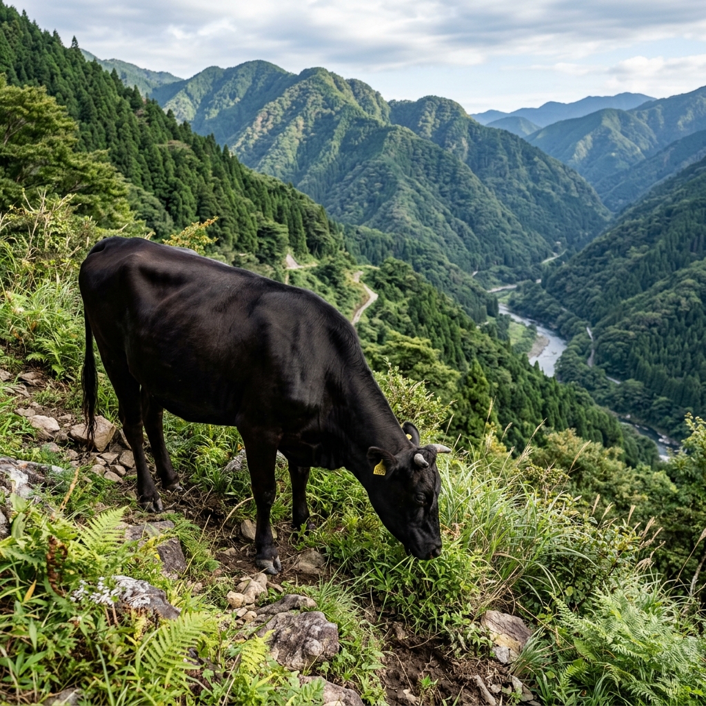 A Muscular, Elegant Ibusana Virgin Cow Grazing in Miyazaki